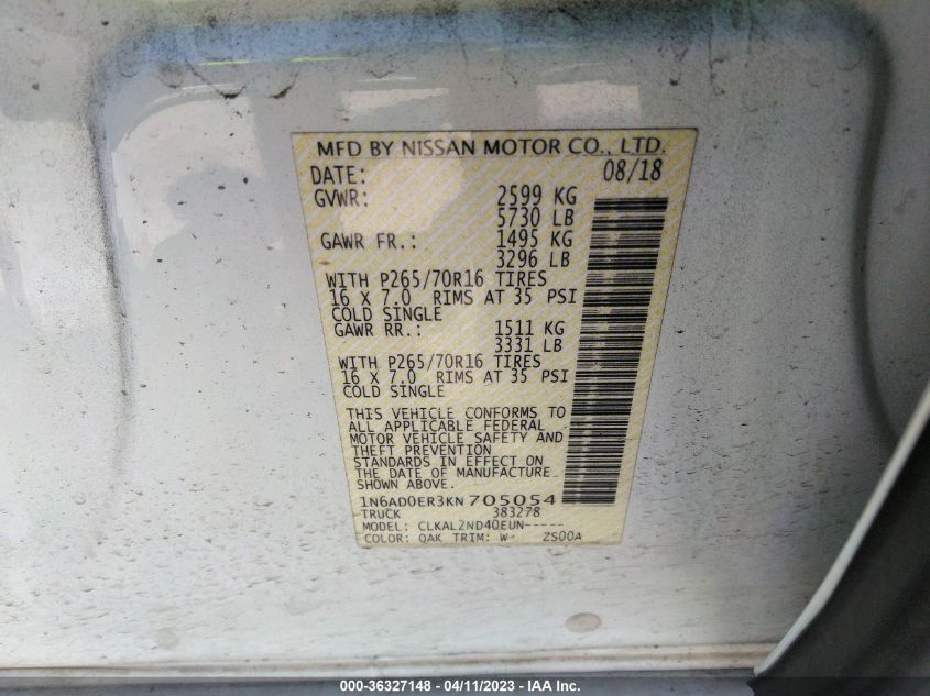 2019 NISSAN FRONTIER SV - 1N6AD0ER3KN705054