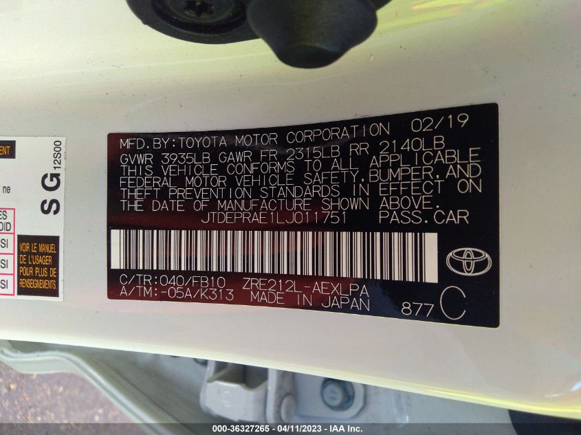 2020 TOYOTA COROLLA LE - JTDEPRAE1LJ011751