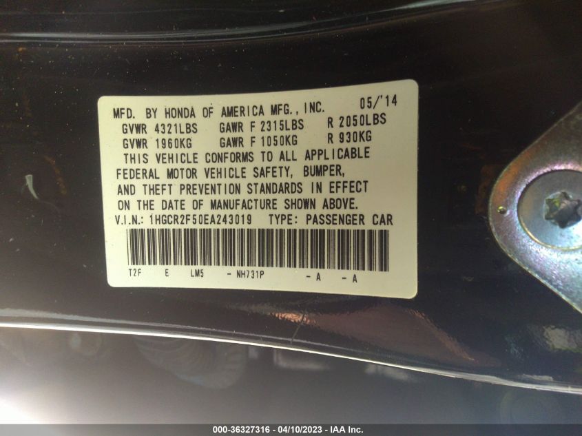 2014 HONDA ACCORD SEDAN SPORT - 1HGCR2F50EA243019