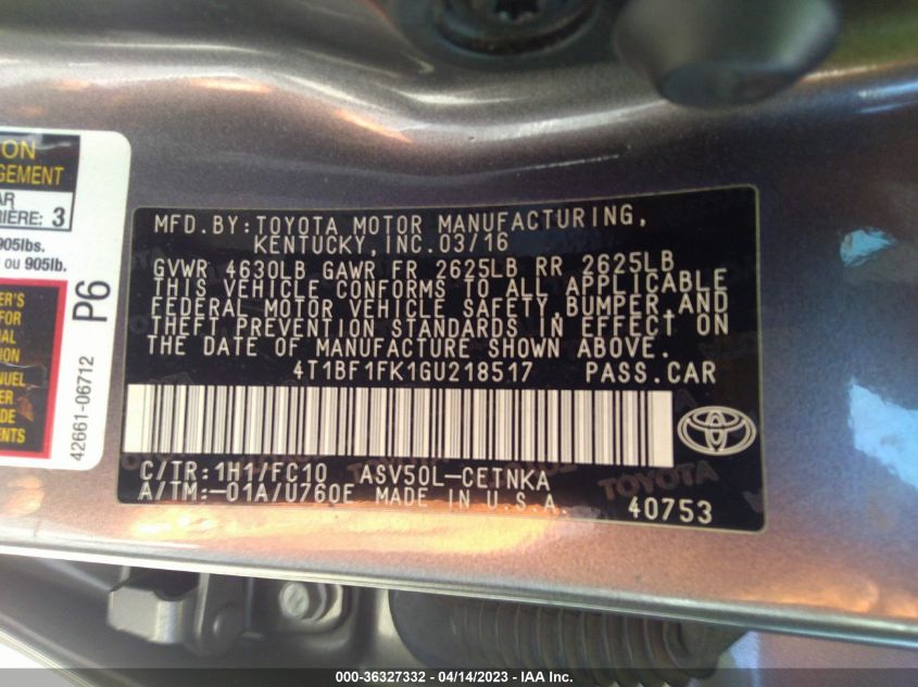 2016 TOYOTA CAMRY XLE/SE/LE/XSE - 4T1BF1FK1GU218517