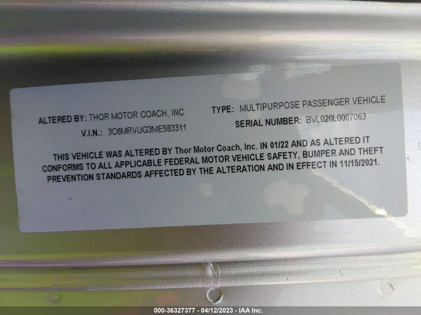 2021 RAM PROMASTER WINDOW VAN 3C6MRVUG3ME583311