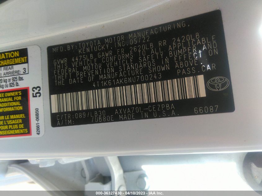 2022 TOYOTA CAMRY XSE - 4T1K61AK6NU700243