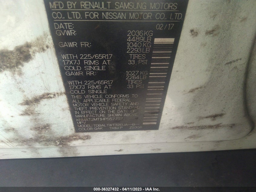 VIN KNMAT2MT1HP557787 2017 NISSAN ROGUE SV