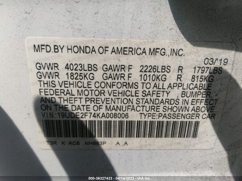 2019 ACURA ILX PKG - 19UDE2F74KA008006