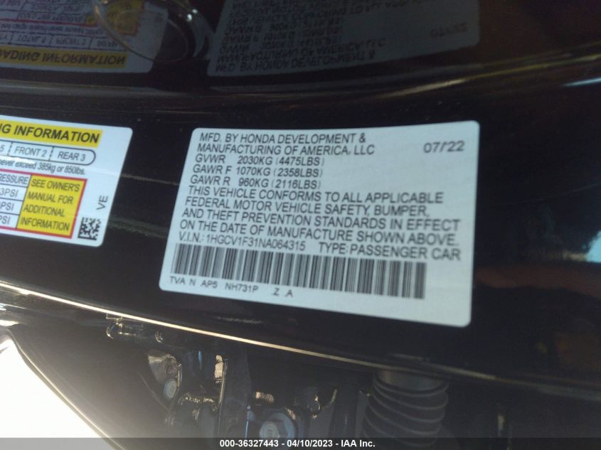 2022 HONDA ACCORD SEDAN SPORT - 1HGCV1F31NA064314