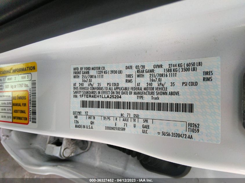 2020 FORD RANGER XL/XLT/LARIAT - 1FTER4EH1LLA25204
