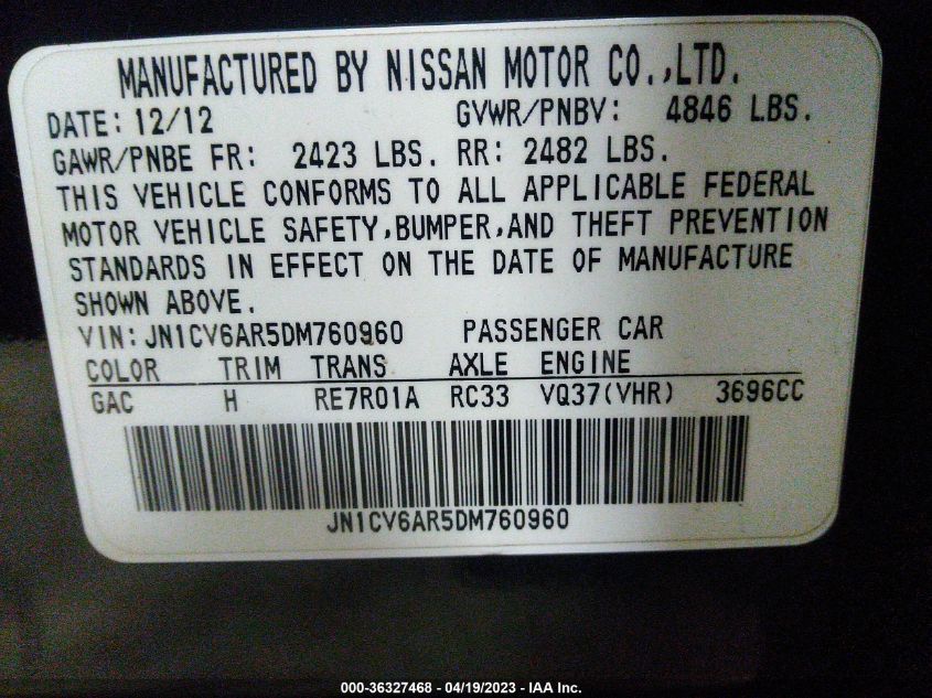 2013 INFINITI G37 SEDAN X - JN1CV6AR5DM760960