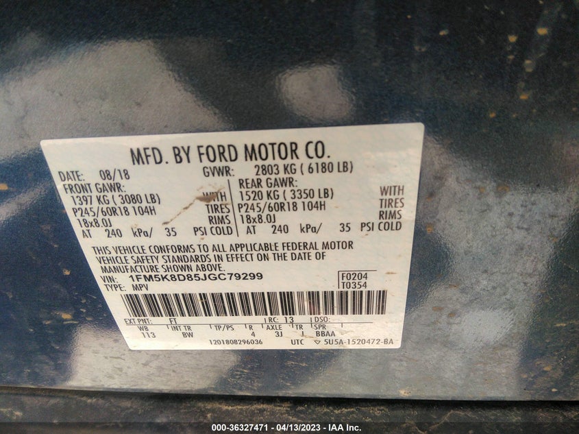 VIN 1FM5K8D85JGC79299 2018 FORD EXPLORER XLT