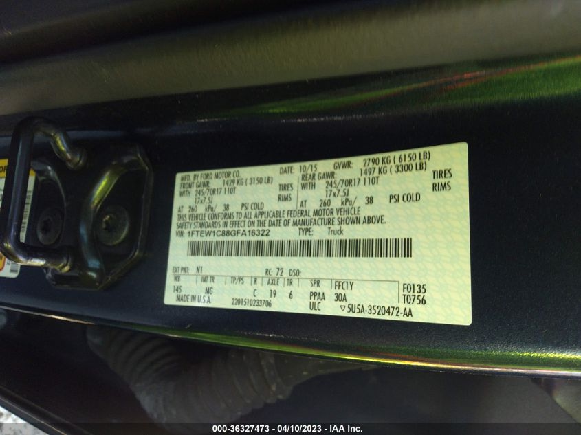 2016 FORD F-150 XLT/XL - 1FTEW1C88GFA16322