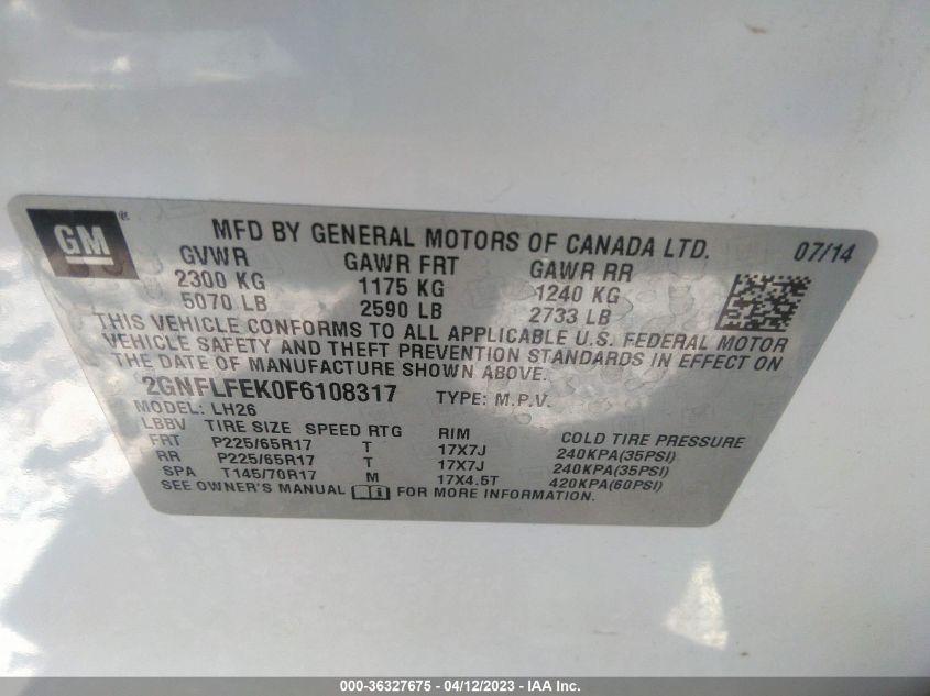 2015 CHEVROLET EQUINOX LT - 2GNFLFEK0F6108317