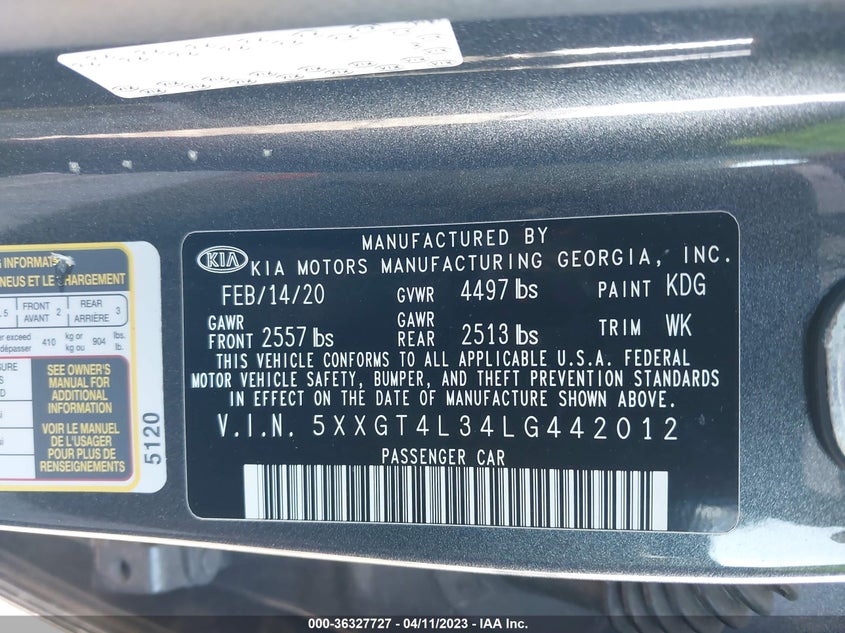 VIN 5XXGT4L34LG442012 2020 KIA OPTIMA LX