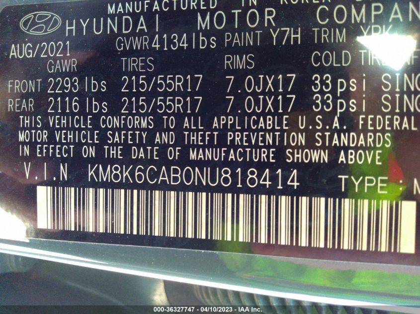 2022 HYUNDAI KONA SEL - KM8K6CAB0NU818414