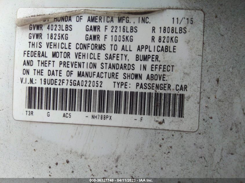 2016 ACURA ILX W - 19UDE2F75GA022052