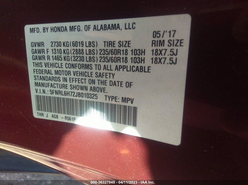 VIN 5FNRL6H72JB010325 2018 HONDA ODYSSEY EX-L