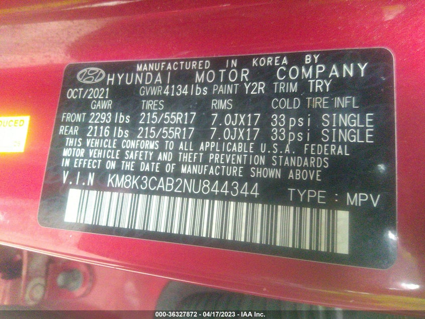 VIN KM8K3CAB2NU844344 2022 HYUNDAI KONA SEL
