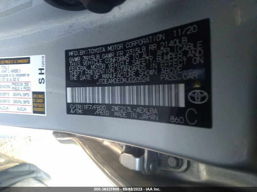 2021 TOYOTA COROLLA HYBRID LE - JTDEAMDE0MJ020524