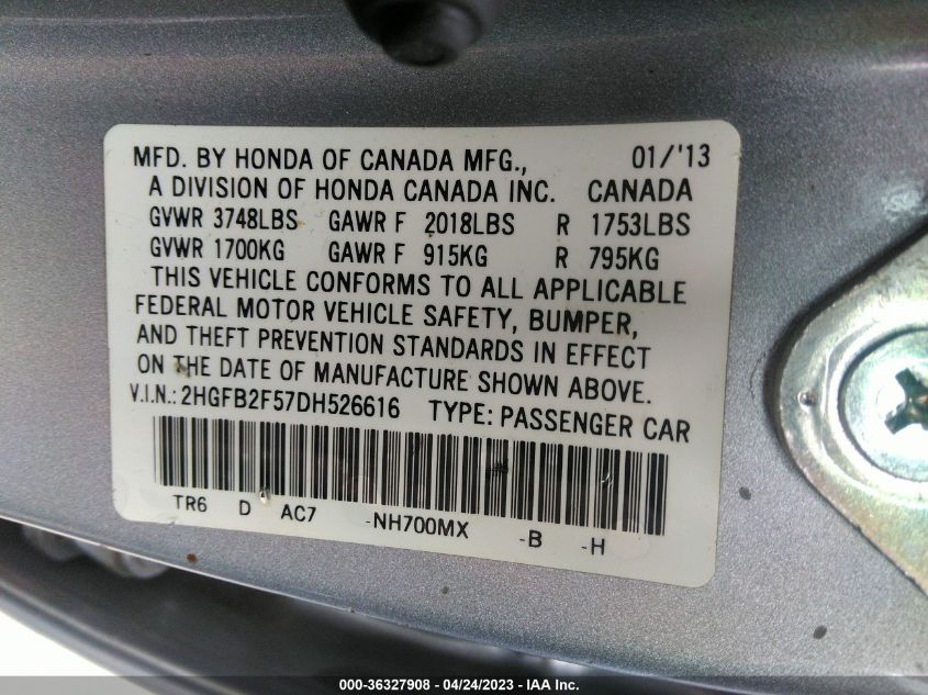 2013 HONDA CIVIC SDN LX - 2HGFB2F57DH526616