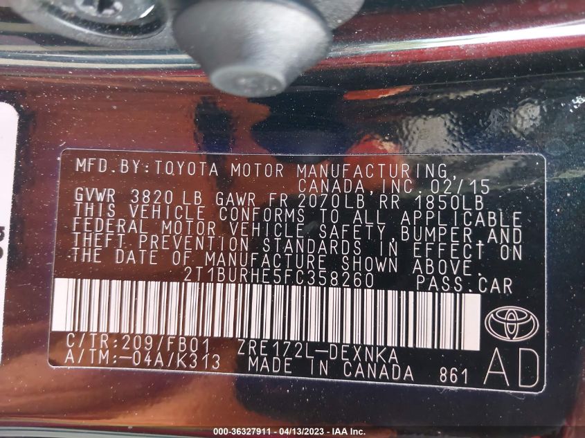 2015 TOYOTA COROLLA L/LE/S/S PLUS/LE PLUS - 2T1BURHE5FC358260