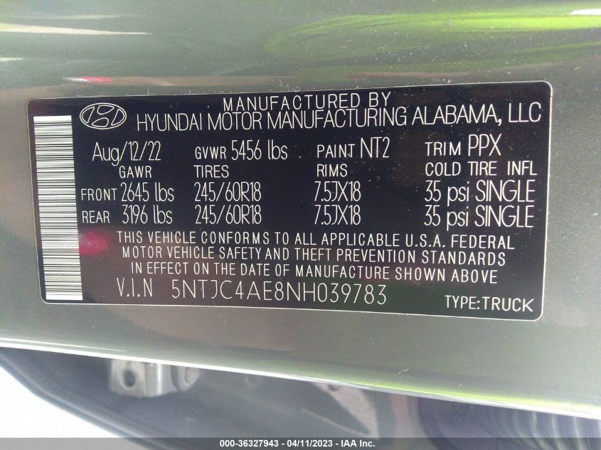 2022 HYUNDAI SANTA CRUZ SEL 5NTJC4AE8NH039783
