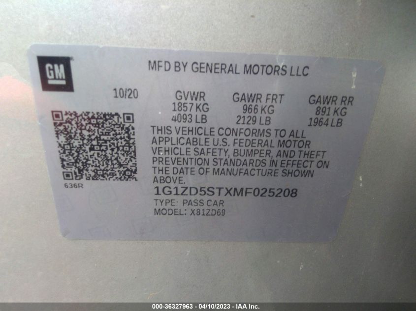 2021 CHEVROLET MALIBU LT - 1G1ZD5STXMF025208