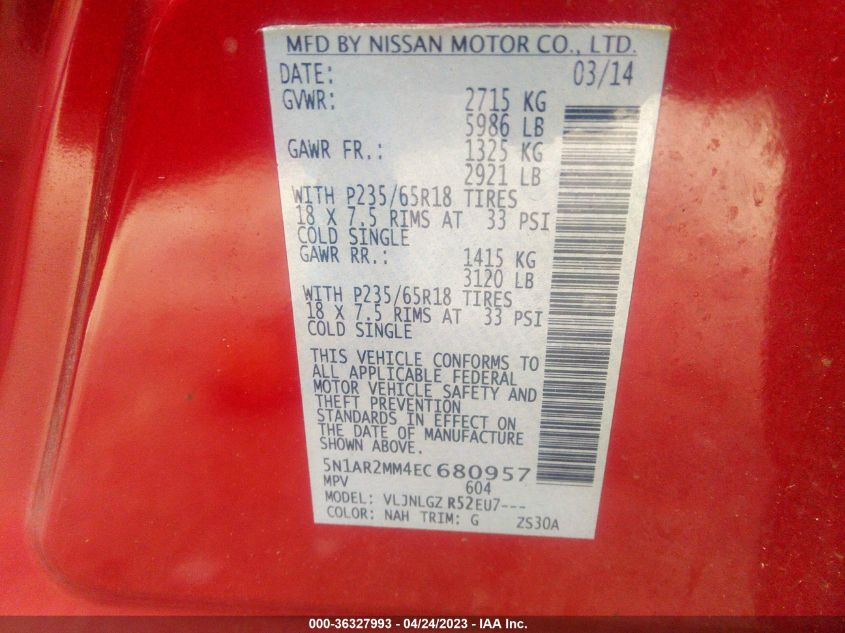 2014 NISSAN PATHFINDER SL - 5N1AR2MM4EC680957