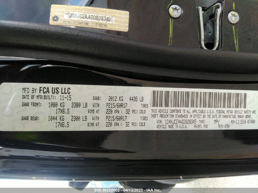 2016 JEEP COMPASS LATITUDE - 1C4NJCEA4GD628345