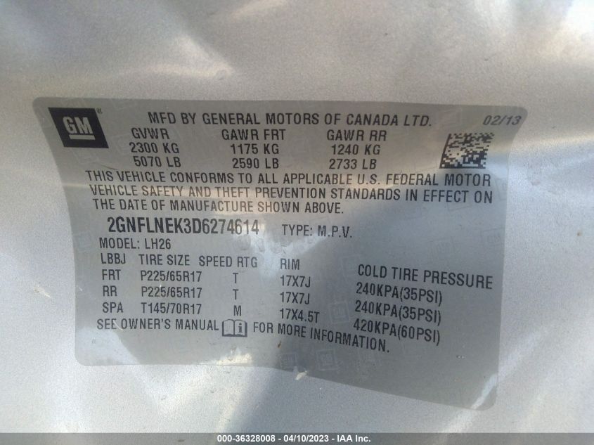 2013 CHEVROLET EQUINOX LT - 2GNFLNEK3D6274614
