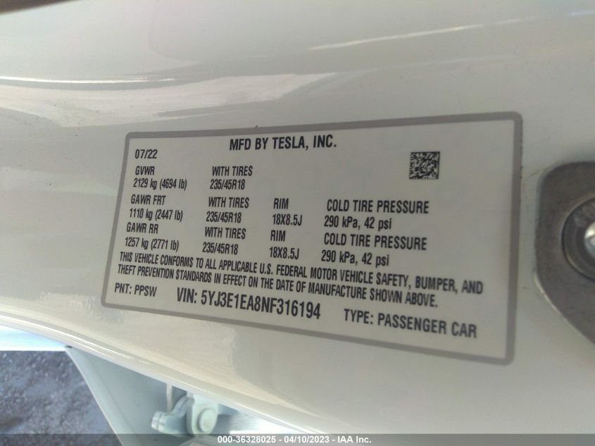 2022 TESLA MODEL 3 - 5YJ3E1EA8NF316194