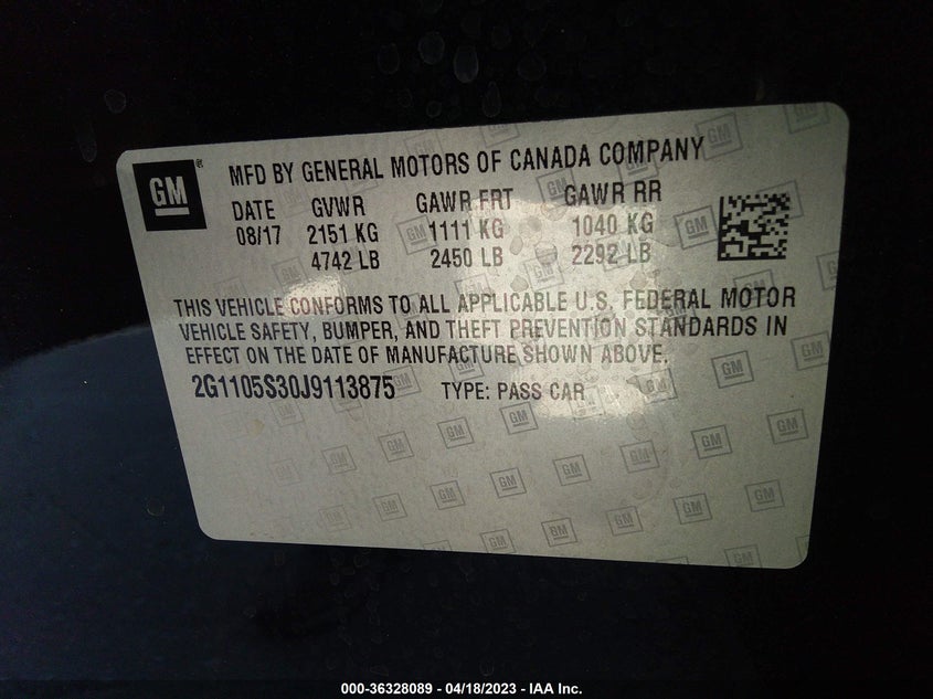 VIN 2G1105S30J9113875 2018 CHEVROLET IMPALA LT