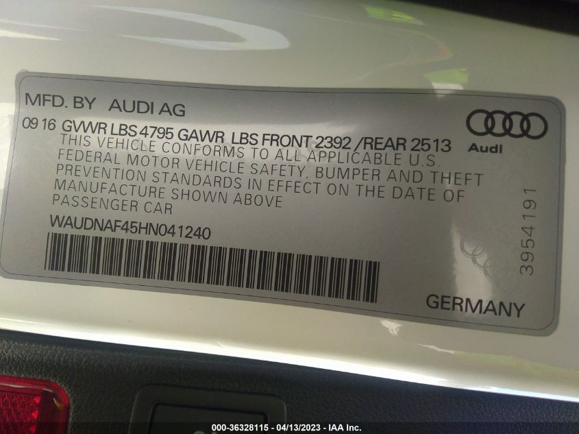 2017 AUDI A4 SEASON OF AUDI PREMIUM - WAUDNAF45HN041240