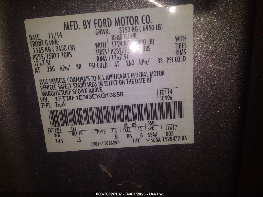 2014 FORD F-150 XL/XLT/STX - 1FTMF1EM3EKG10858