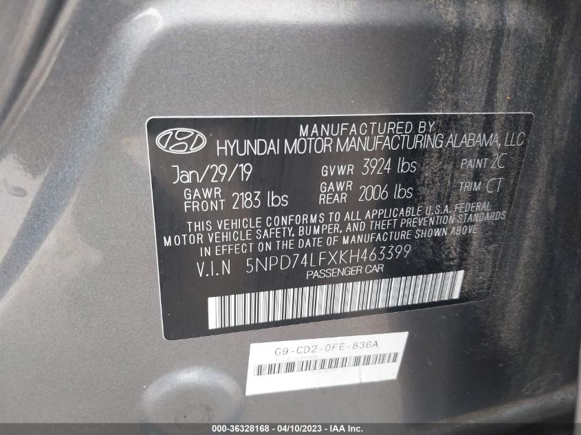 2019 HYUNDAI ELANTRA SE - 5NPD74LFXKH463399