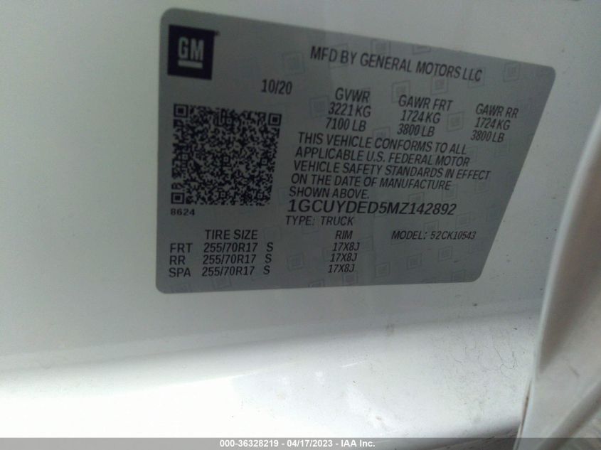 2021 CHEVROLET SILVERADO 1500 LT - 1GCUYDED5MZ142892