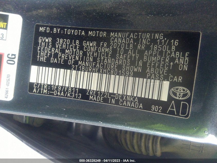 2017 TOYOTA COROLLA L/LE/XLE/SE - 2T1BURHEXHC801599