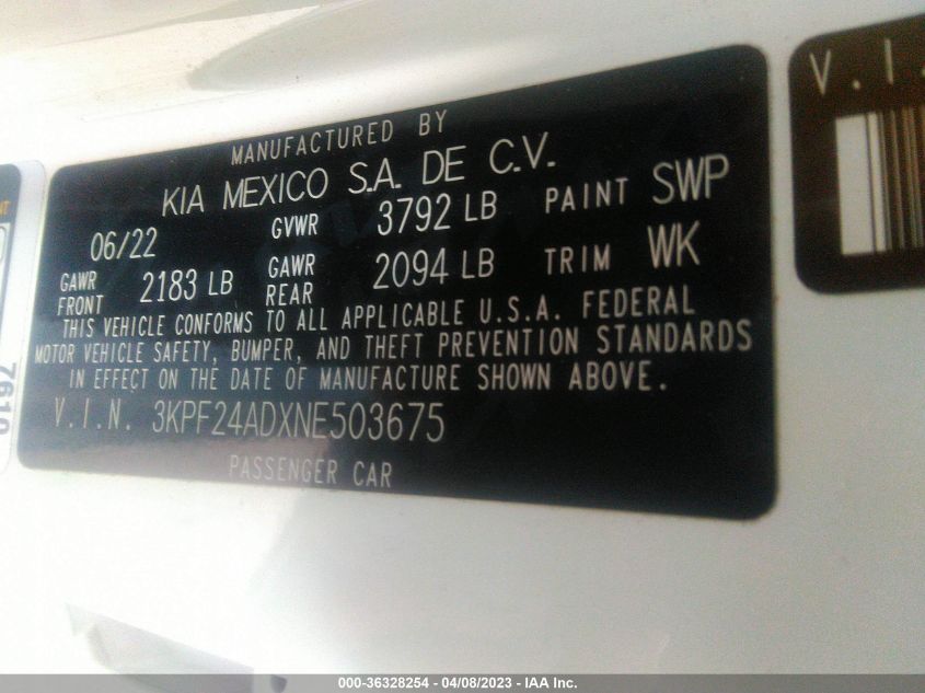 2022 KIA FORTE LXS - 3KPF24ADXNE503675