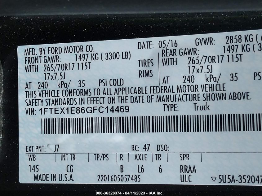 2016 FORD F-150 XLT/XL - 1FTEX1E86GFC14469
