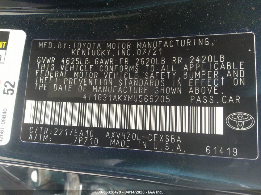 2021 TOYOTA CAMRY HYBRID SE - 4T1G31AKXMU566205