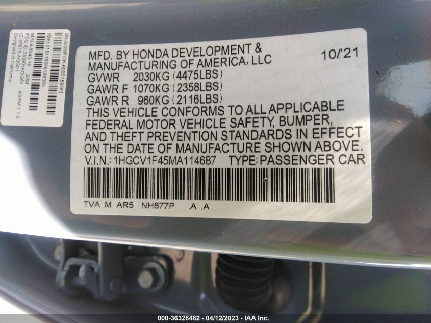 2021 HONDA ACCORD SEDAN SPORT SE - 1HGCV1F45MA114687