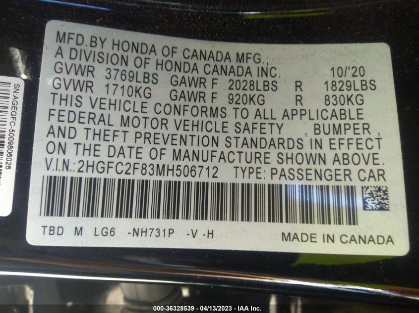 2021 HONDA CIVIC SEDAN SPORT - 2HGFC2F83MH506712