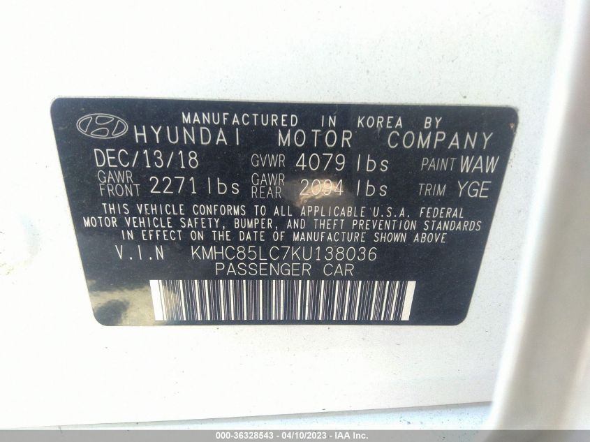 2019 HYUNDAI IONIQ HYBRID LIMITED - KMHC85LC7KU138036