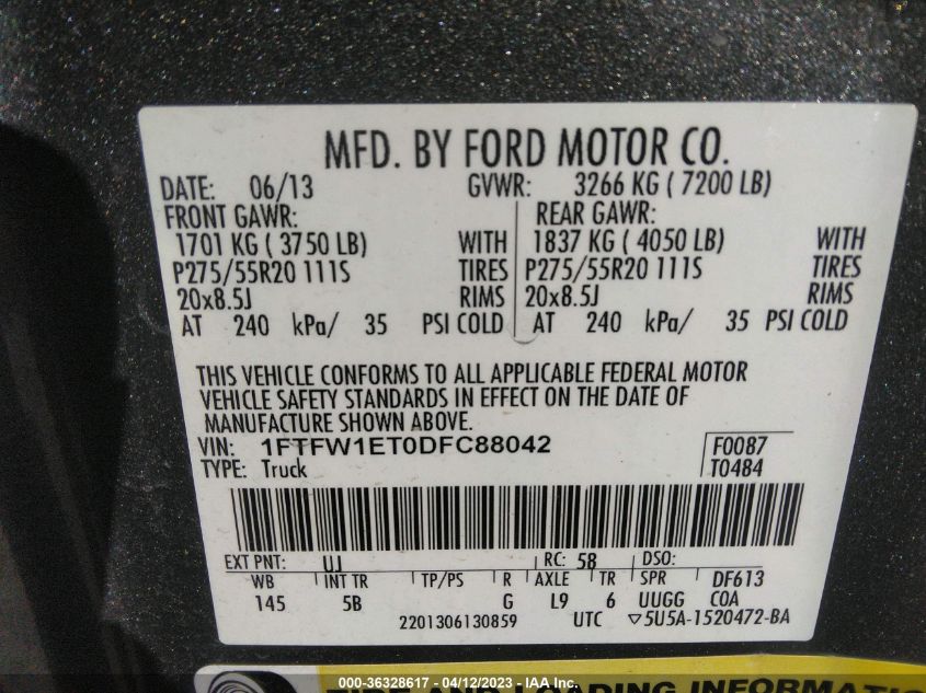 2013 FORD F-150 XL/XLT/FX4/LARIAT - 1FTFW1ET0DFC88042