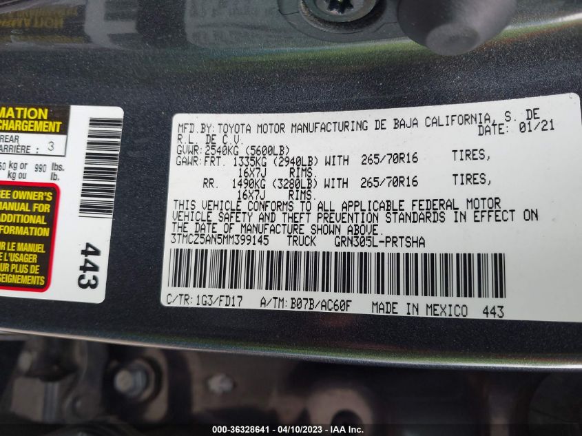 2021 TOYOTA TACOMA 4WD SR/SR5/TRD SPORT - 3TMCZ5AN5MM399145