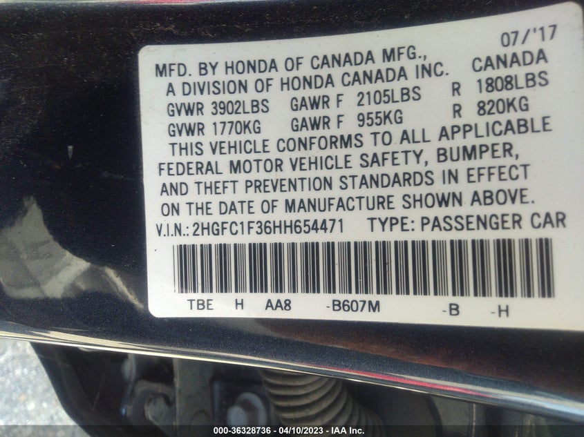VIN 2HGFC1F36HH654471 2017 HONDA CIVIC SEDAN EX-T