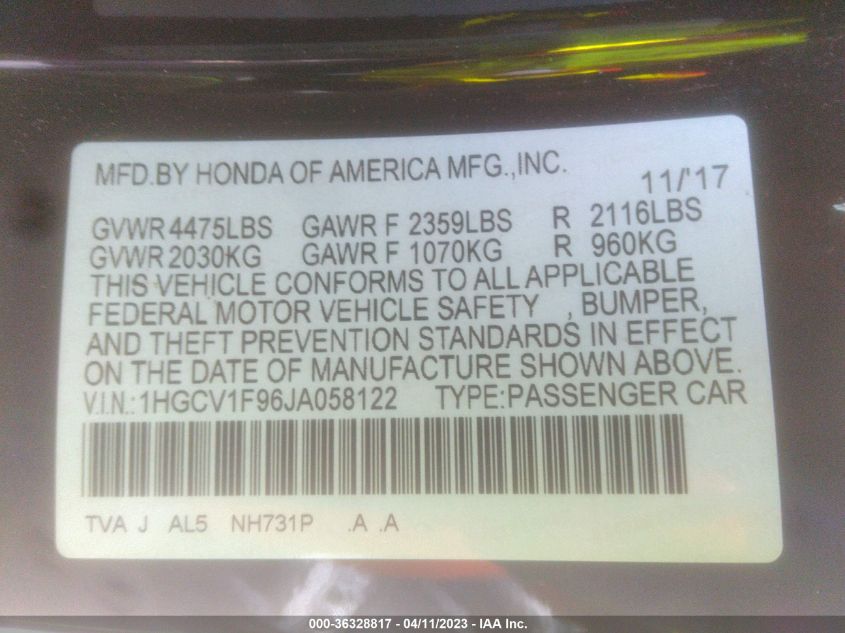 2018 HONDA ACCORD SEDAN TOURING 1.5T - 1HGCV1F96JA058122
