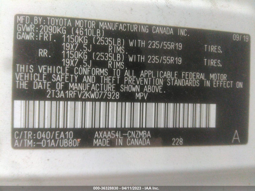 VIN 2T3A1RFV2KW077928 2019 TOYOTA RAV4 XLE PREMIUM