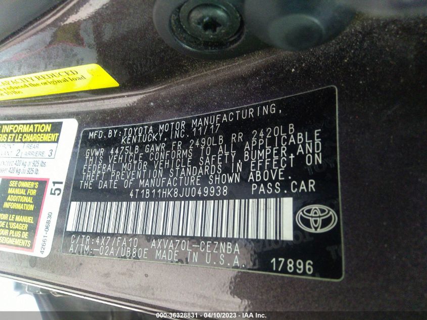 2018 TOYOTA CAMRY LE/SE/XLE/L - 4T1B11HK8JU049938
