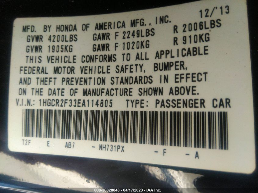 2014 HONDA ACCORD SEDAN LX - 1HGCR2F33EA114805