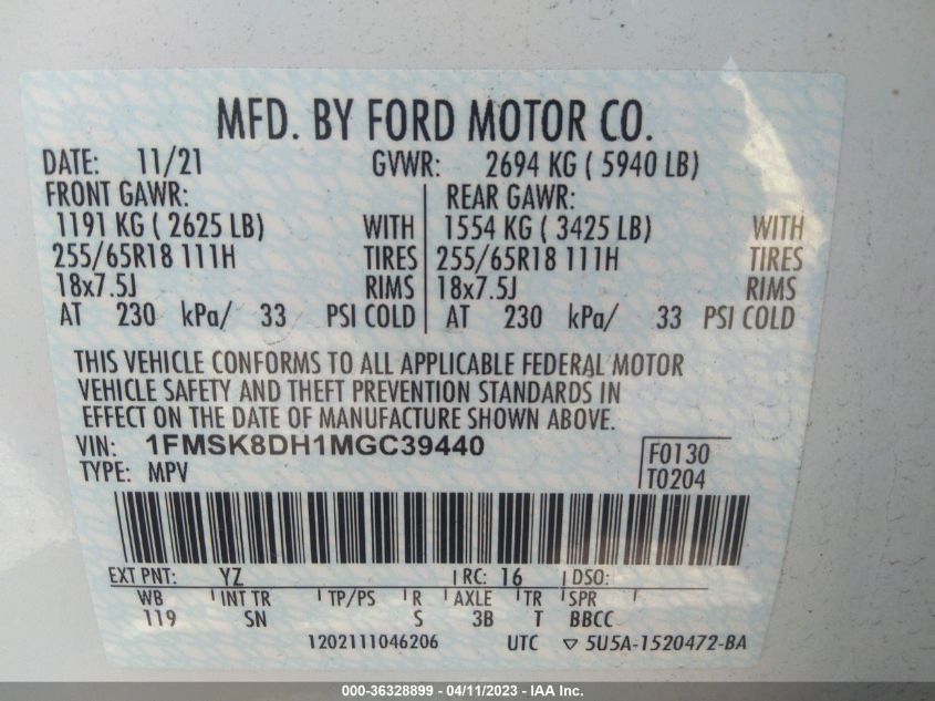 2021 FORD EXPLORER XLT - 1FMSK8DH1MGC39440