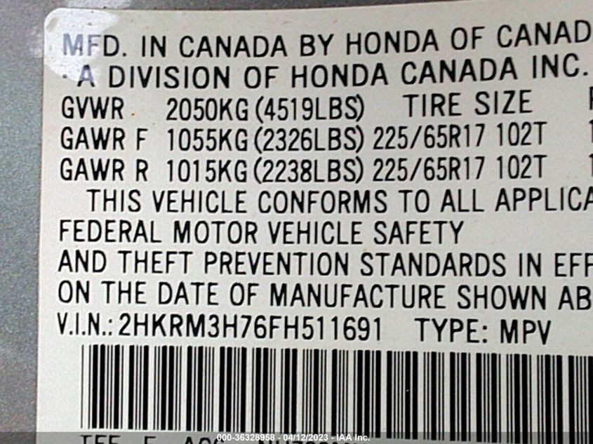 2015 HONDA CR-V EX-L - 2HKRM3H76FH511691
