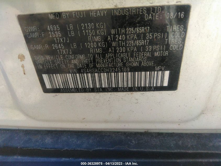 2017 SUBARU OUTBACK PREMIUM - 4S4BSACC0H3245109
